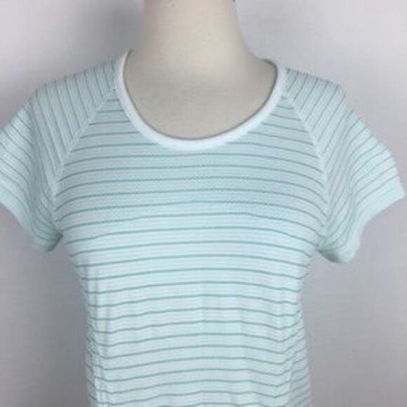 Athleta Green and White Stipe Fast Track Short Sleeve Knit Athletic Top Med - Picture 3 of 8